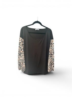 Doublju Black Top with Leopard Print Long Sleeves Large